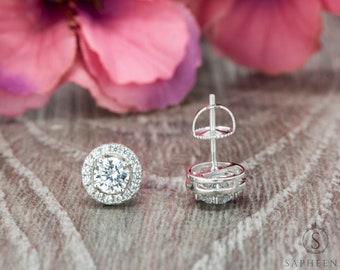 Round Moissanite Halo Stud Earrings, Sterling Silver Screw Back Earrings, Classic Diamond Alternative Studs