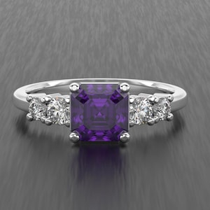 1.0 Ct Asscher Cut Amethyst Ring with Moissanite Side Stones, Sterling Silver Three Stone Ring, February Birthstone Engagement Ring
