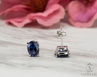 2.5 Carat Oval Cut Blue Sapphire Stud Earrings, Lab Grown Sapphire Stud Earrings, September Birthstone, Gift for Her, Push Back Stud
