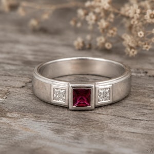 Three Stone Princess Cut Ruby Ring, 6mm Mens Wedding Band , Sterling Silver Mens Band, July Birthstone Ring, Anniversary Gift