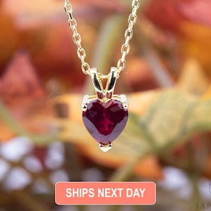 Heart Shaped Ruby Pendant, Simulated Ruby Necklace, 16-18 inch Cable Chain Gold Plated, Red Heart Necklace Pendant, Adjustable Cable Chain