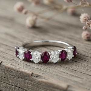 Oval Ruby and Moissanite Alternating Band in Solid Sterling Silver, Elegant Stacking Ring