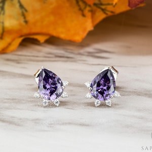 Pear Cut Amethyst Stud Earrings, Art Deco 925 Sterling Silver, February Birthstone Earrings, Teardrop Delicate Gift for Her