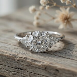 May include: A silver engagement ring with a large, round, clear center stone flanked by two smaller, pear-shaped stones. The ring is set on a rustic wooden surface, with dried flowers in the background.