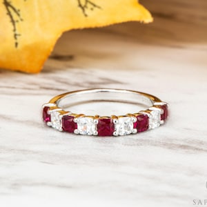 Cushion Cut Red Ruby Eternity Wedding Band, Alternated Ruby and Diamond Wedding Ban, Solid Silver Half Eternity Band, Stacking Band