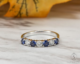 7 Stone Diamond & Blue Sapphire Eternity Wedding Band, 3mm Diamond Wedding Band, Eternity Moissanite Band, Solid Gold Band, Stacking Band