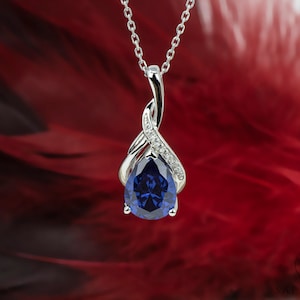3.0 Carat Pear Cut Blue Sapphire Necklace, Lab-Grown Blue Sapphire/Diamond Silver Necklace, Adjustable 16-18&quot; Cable Chain, July Birthstone
