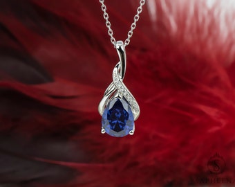 3.0 Carat Pear Cut Blue Sapphire Necklace, Lab-Grown Blue Sapphire/Diamond Silver Necklace, Adjustable 16-18" Cable Chain, July Birthstone