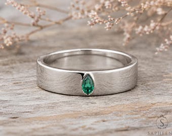 Mens Sterling Silver Wedding Band: 6mm Pear Cut Green Emerald