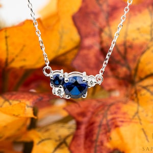 Blue Sapphire & Moissanite Cluster Necklace, Sterling Silver Dainty Pendant, Blue Sapphire and Moissanite Necklace Gift for Her