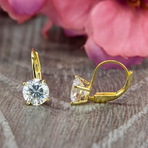Round Cut Lever Back Earrings, Simulated Diamond Earrings, Drop Dangle Earring, Gold Plated Earrings, Anniversary Gift