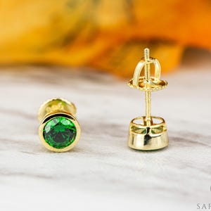 Bezel Set Round Cut Stud Earrings, Green Emerald Earrings, Silver/ Gold Plated Push Back Earrings, Solitaire Earring, Gift For Her