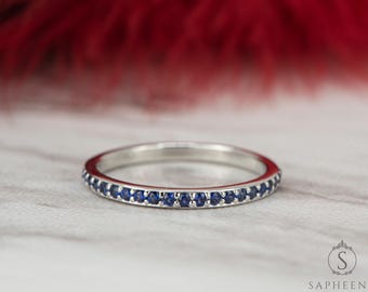 1.8mm Blue Sapphire Eternity Band in Sterling Silver – Thin Micro Pave Stacking Ring