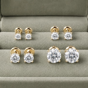 Orecchini a bottone in oro 10K con moissanite / Orecchini a bottone con solitario taglio rotondo con chiusura a vite / Orecchini alternativi con diamanti per tutti i giorni
