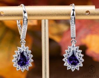 Pear Cut Halo Amethyst Lever Back Earrings, Silver Tear Drop Earrings, Dangle Earrings, Simulated Diamond Earrings, February Birthstone