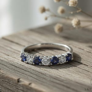 7 Stone Diamond & Blue Sapphire Eternity Wedding Band, 3mm Diamond Wedding Band, Eternity Moissanite Band, Solid Silver Band, Stacking Band