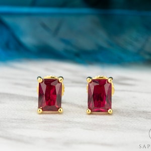 2.0 Carat Radiant Cut Red Ruby Stud Earrings, Lab Grown Ruby Studs, Gold Plated Earrings, July Birthstone, Gift for Her, Screw Back Studs