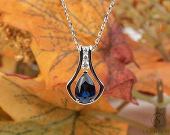 Colgante de zafiro azul talla pera, collar de plata de ley con detalles de moissanita, regalo de septiembre