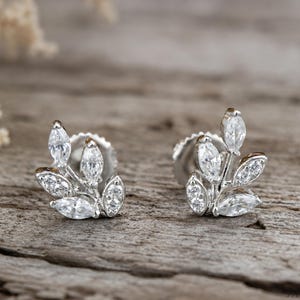 Marquise Leaf Stud Earrings in Sterling Silver, Simulated Diamond or Moissanite