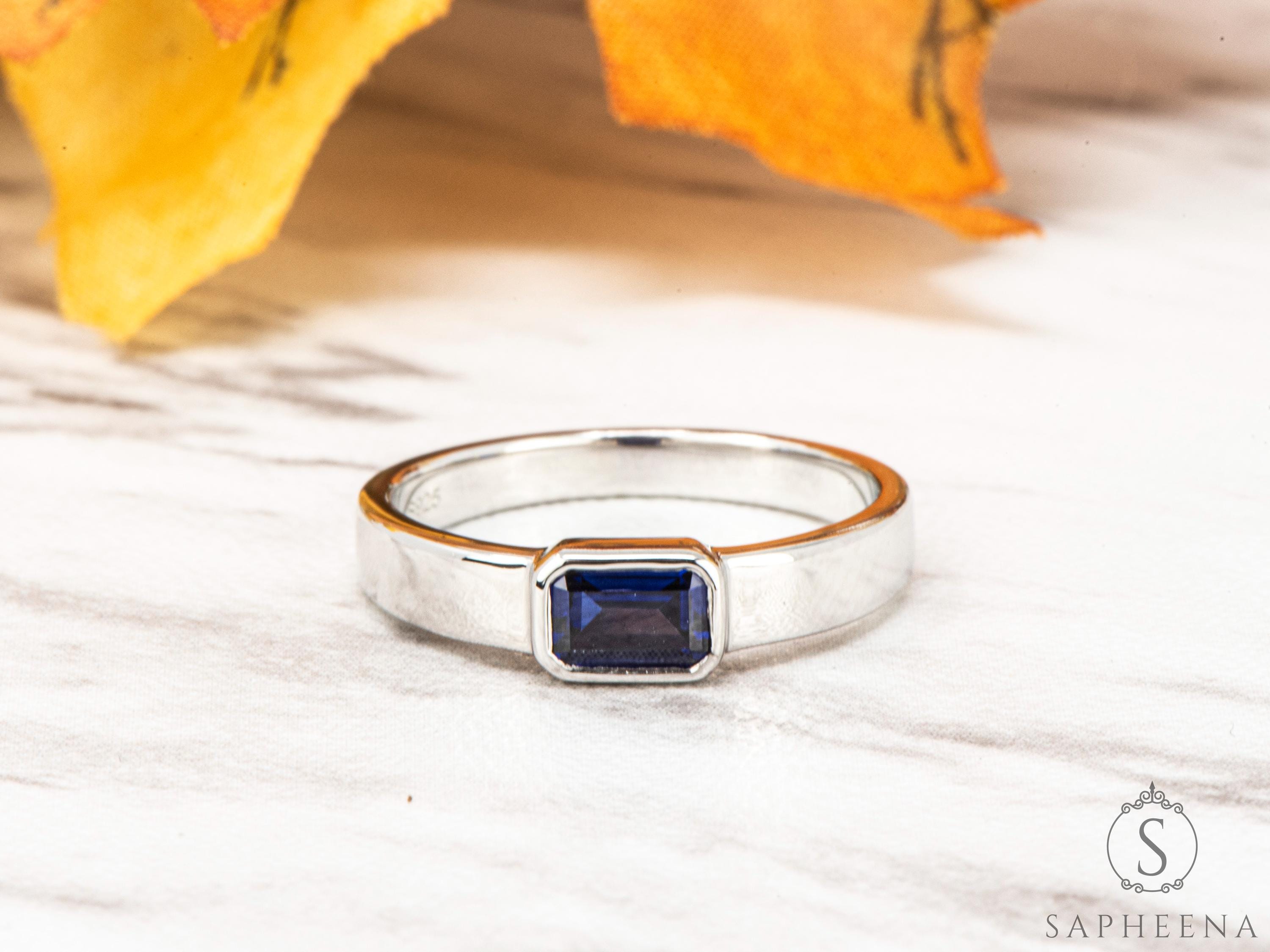 Emerald Cut Blue Sapphire Ring, Bezel Set Blue Sapphire Ring, Sterling Silver Minimalist Band, September Birthstone Ring, Jewelry Gift