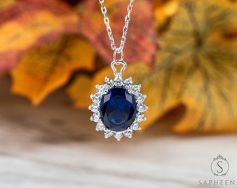 4ct Blue Sapphire Halo Pendant, Sterling Silver Necklace, Simulated Diamond Cluster Gift