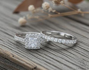 Princess Cut Halo Wedding Set, Diamond Engagement Ring, Diamond Bridal Set, Ring with Matching Band, Solid Silver Wedding Set, Gift For Her