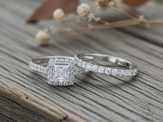 Princess Cut Halo Wedding Set, Diamond Engagement Ring, Diamond Bridal Set, Ring with Matching Band, Solid Silver Wedding Set, Gift For Her