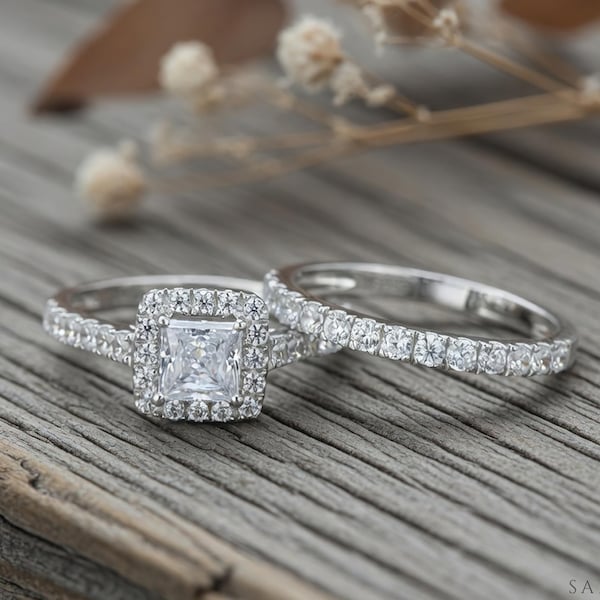 Princess Cut Halo Wedding Set, Diamond Engagement Ring, Diamond Bridal Set, Ring with Matching Band, Solid Silver Wedding Set, Gift For Her