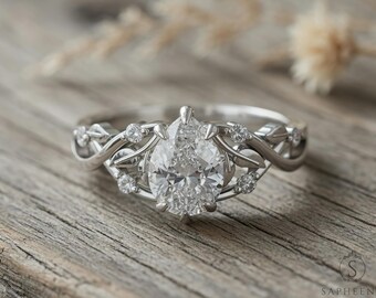 Pear Cut Moissanite Nature Inspired Engagement Ring, Sterling Silver Leaf Ring