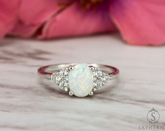 Oval Cut Fire Opal Engagement Ring, Cluster Diamond Wedding Ring, 10k Gold Statement Ring, White Fire Opal Cabochon Ring, October Birthstone