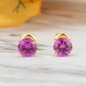 2.0 Carat Round Cut Pink Sapphire Stud Earrings, Lab Grown Sapphire Studs, Gold Plated Earrings ,Silver Screw Back Earrings, Sapphire Studs image 2
