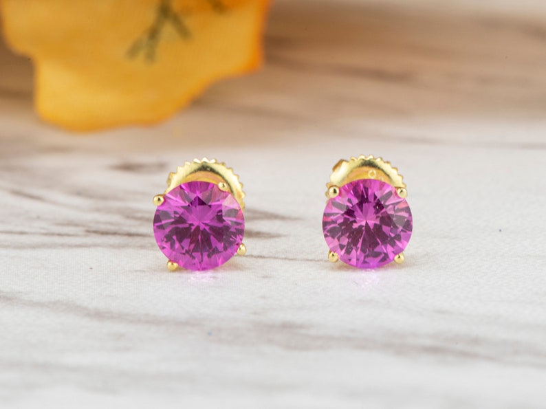 2.0 Carat Round Cut Pink Sapphire Stud Earrings, Lab Grown Sapphire Studs, Gold Plated Earrings ,Silver Screw Back Earrings, Sapphire Studs image 2
