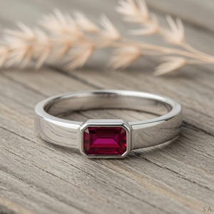 Emerald Cut Ruby Ring, Bezel Set Ruby Ring, Sterling Silver Minimalist Band, July Birthstone Ring, Modern Jewelry Gift, Mens Statement Ring