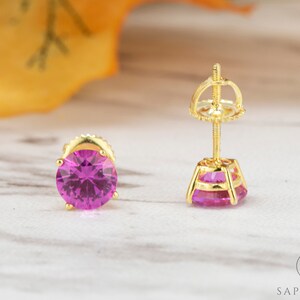 2.0 Carat Round Cut Pink Sapphire Stud Earrings, Lab Grown Sapphire Studs, Gold Plated Earrings ,Silver Screw Back Earrings, Sapphire Studs image 1