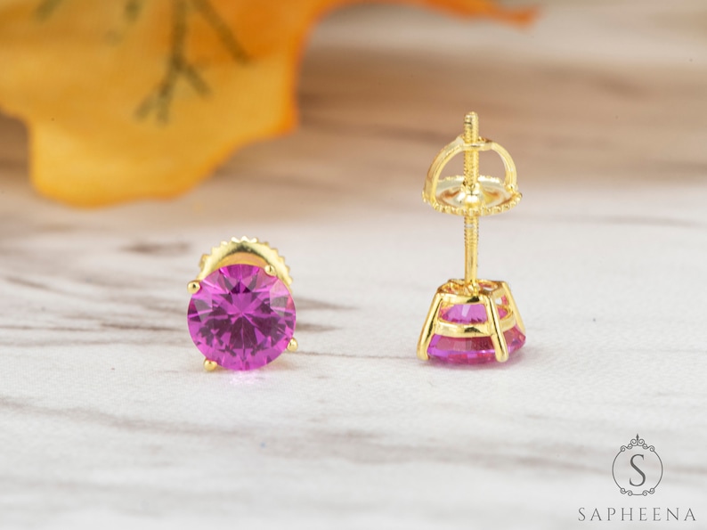 2.0 Carat Round Cut Pink Sapphire Stud Earrings, Lab Grown Sapphire Studs, Gold Plated Earrings ,Silver Screw Back Earrings, Sapphire Studs image 1