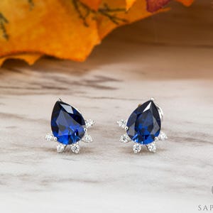 Pear Cut Blue Sapphire Stud Earrings, Art Deco 925 Sterling Silver, September Birthstone Earrings, Teardrop Delicate Gift for Her