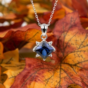 Princess Cut Blue Sapphire Pendant and Moissanite | Sterling Silver Necklace