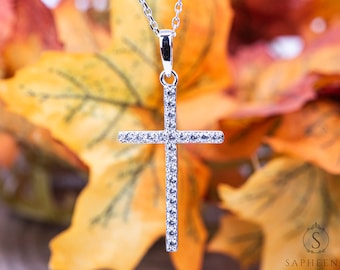 Sterling Silver Cross Necklace with Simulated Diamonds, Dainty Christian Pendant Gift