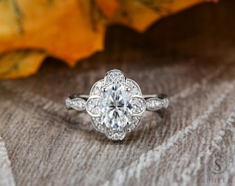 Art Deco Oval Moissanite Floral Halo Ring • Sterling Silver Engagement Ring • Vintage Inspired Oval Halo