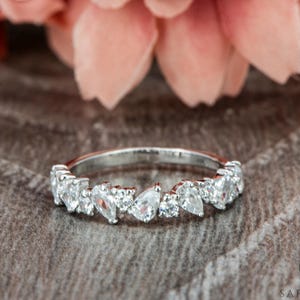 Alternate Pear and Round Cut Moissanite Wedding Band, Vintage Diamond Ring, Stacking Promise Band, Half Eternity Anniversary Ring