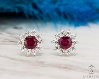 2.0 Carat Round Cut Halo Pigeons blood Red Ruby Stud Earrings, Flower Halo Genuine Lab Grown Red Ruby Stud Earrings, July Birthstone