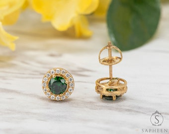 1.35 Carat Round Cut Halo Green Emerald Stud Earrings, Flower Halo Green Diamond Stud Earrings, Screw Back Earrings, May Birthstone Earrings