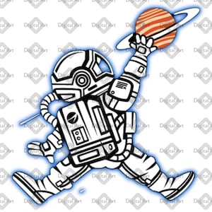 Paquete de imágenes prediseñadas de astronauta haciendo un mate en Saturno: 5 variaciones de color, incluyendo efectos de brillo, SVG y PNG, diseño deportivo con temática espacial