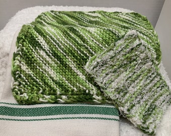 Hand Knit Dishcloth Scrubby Towel 3 Piece Gift Set for Everyone in shades of green colors.  Hostess Gift  Housewarming Gift  Thank You Gift