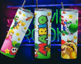 Bicchiere Super Mario Skinny da 20 oz con stampa a sublimazione, coperchio, cannuccia e confezione regalo