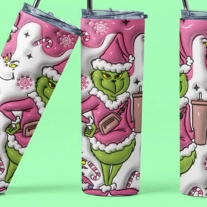Pink Grinch Christmas Tumbler  20 oz Skinny Tumbler Sublimation with Lid and Straw