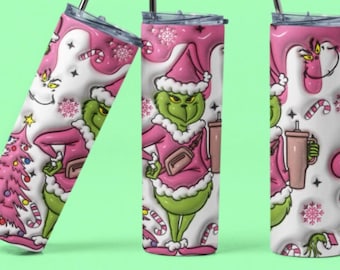 Pink Grinch Christmas Tumbler  20 oz Skinny Tumbler Sublimation with Lid and Straw