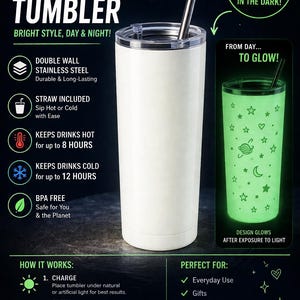 May include: A white 590 ml tumbler with a stainless steel straw and lid. The tumbler glows in the dark after charging with light. The design includes stars, moons, and planets. It keeps drinks hot for up to 8 hours and cold for up to 12 hours.