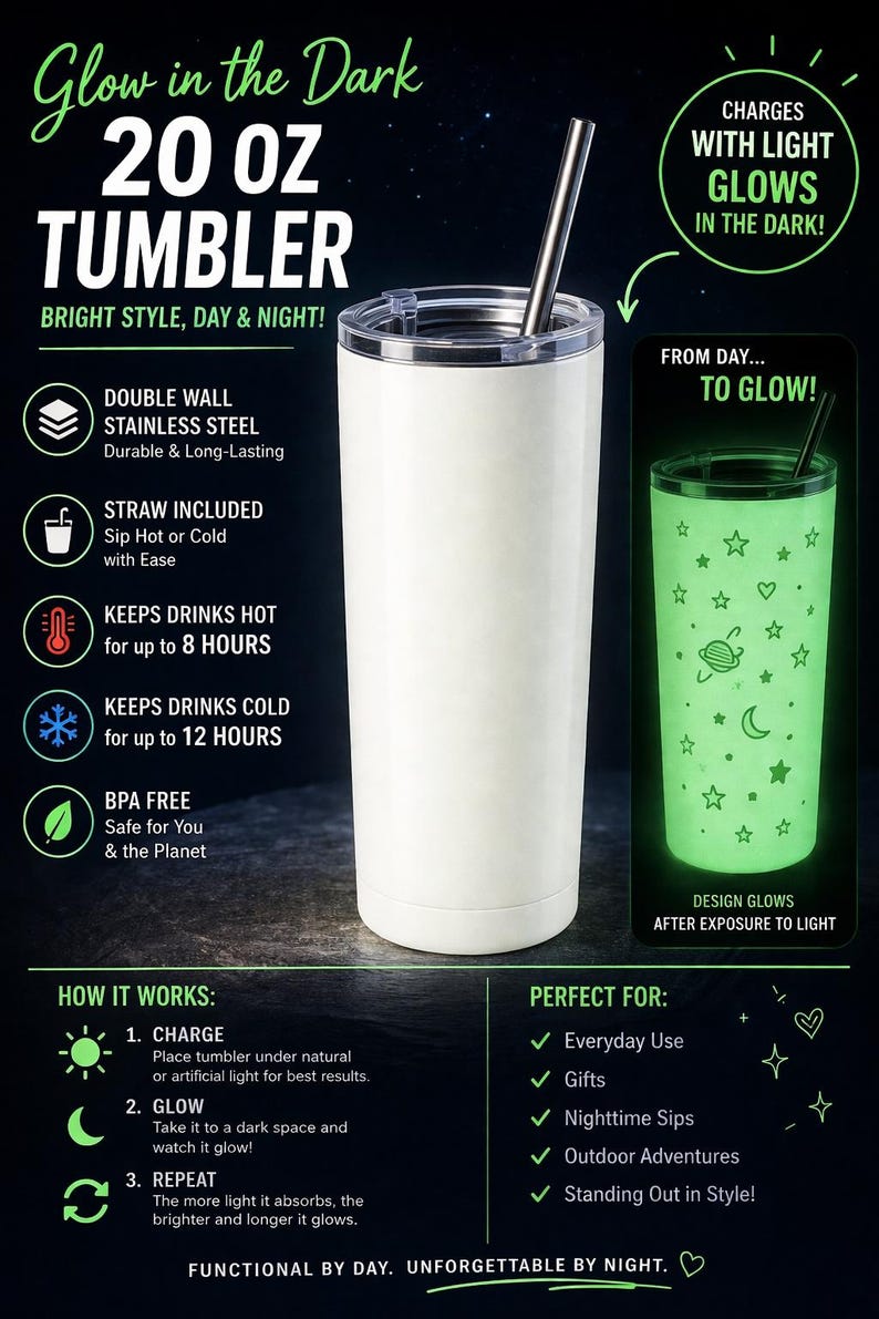 May include: A white 590 ml tumbler with a stainless steel straw and lid. The tumbler glows in the dark after charging with light. The design includes stars, moons, and planets. It keeps drinks hot for up to 8 hours and cold for up to 12 hours.