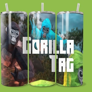 May include: Three stainless steel tumblers with a gorilla tag design. The tumblers feature a different gorilla wearing a different colored jumpsuit. The text "GORILLA TAG" is printed in white on the middle tumbler.